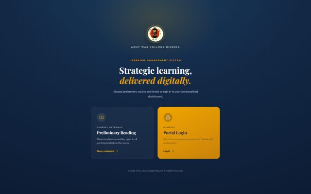 The AWCN Learning Management System home page: "Strategic learning, delivered digitally", with links to preliminary reading and the portal login