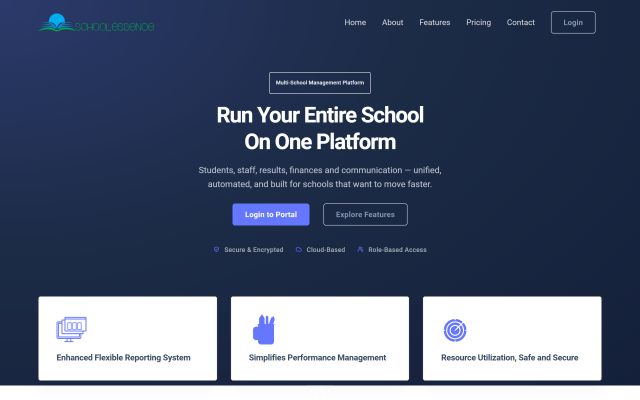 The SchoolEssence home page: "Run your entire school on one platform"