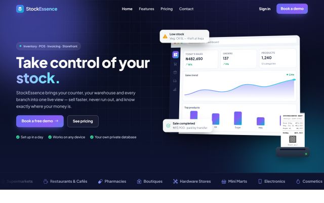 The StockEssence home page, showing a sales dashboard with low-stock and completed-sale notifications
